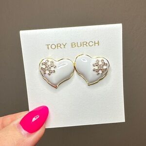 Tory Burch White Enamel Heart Logo Stud Earrings with Gold Trim - NWT